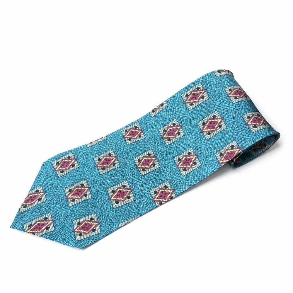 Vintage Karl Lagerfeld Silk Tie Teal Blue Burgundy Geometric Diamond Pattern